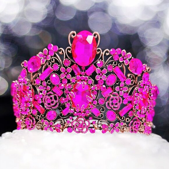 Vintage Handmade Crown, Fuchsia Crystal Crown, Victorian Tiara, Copper Crown main image 6